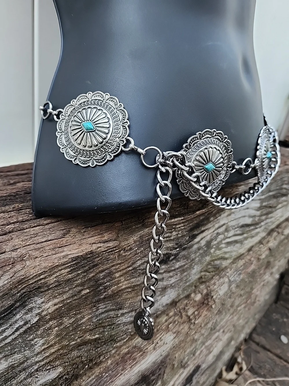 Silver Concho Chain Waist Belt with Turquoise Stone Accents